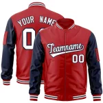 Custom Red Navy-White Varsity Full-Zip Raglan Sleeves Letterman Bomber Jacket