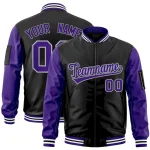 Custom Black Purple-Gray Varsity Full-Zip Raglan Sleeves Letterman Bomber Jacket