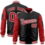 Custom Black Red-White Varsity Full-Zip Raglan Sleeves Letterman Bomber Jacket