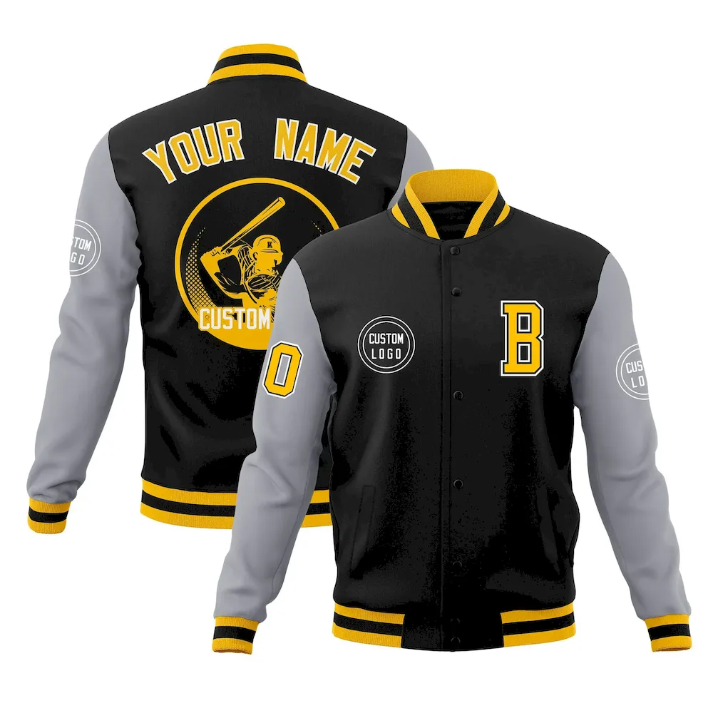 Custom Black Gray Raglan Sleeves Full-Snap Varsity Personalized Letterman Baseball Coats Jacket