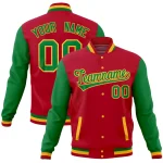 Custom Red Kelly Green Full-Snap Varsity Raglan Sleeves Letterman Baseball Jacket
