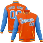Custom Orange Powder Blue Full-Snap Varsity Raglan Sleeves Letterman Baseball Jacket