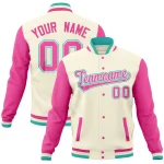Custom Cream Pink Full-Snap Varsity Raglan Sleeves Letterman Baseball Jacket