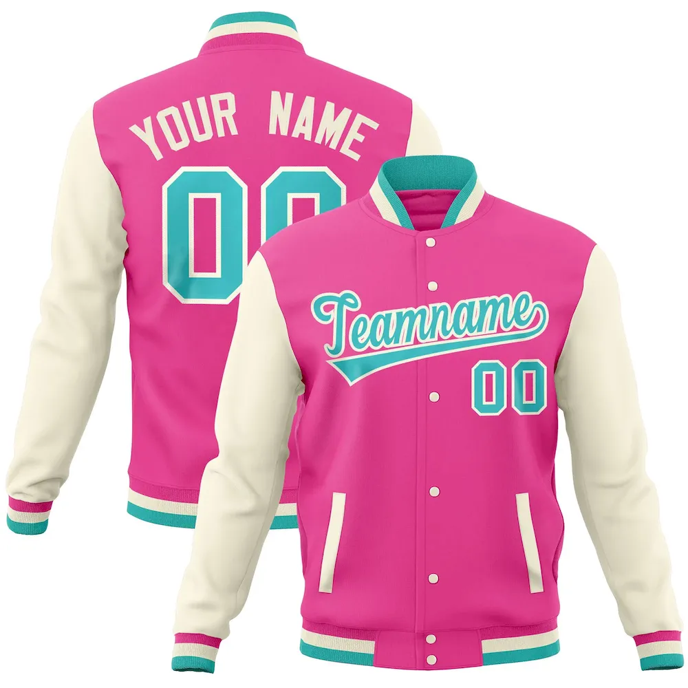 Custom Pink Cream Full-Snap Varsity Raglan Sleeves Letterman Baseball Jacket