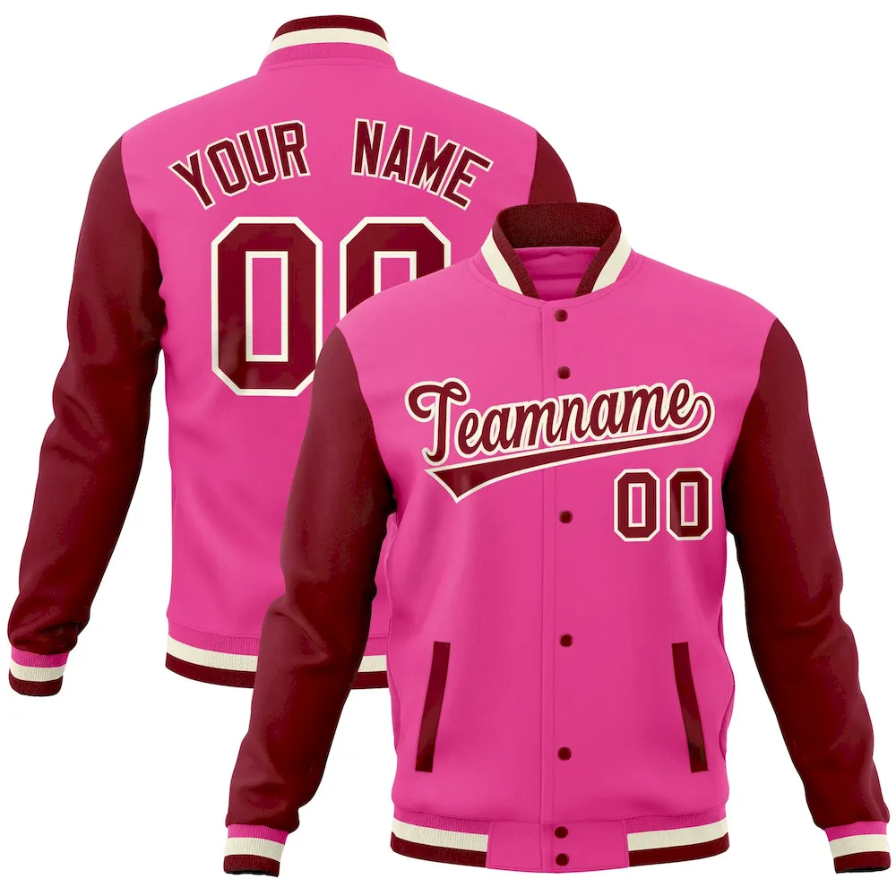 Custom Pink Crimson Full-Snap Varsity Raglan Sleeves Letterman Baseball Jacket