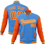 Custom Powder Blue Orange Full-Snap Varsity Raglan Sleeves Letterman Baseball Jacket