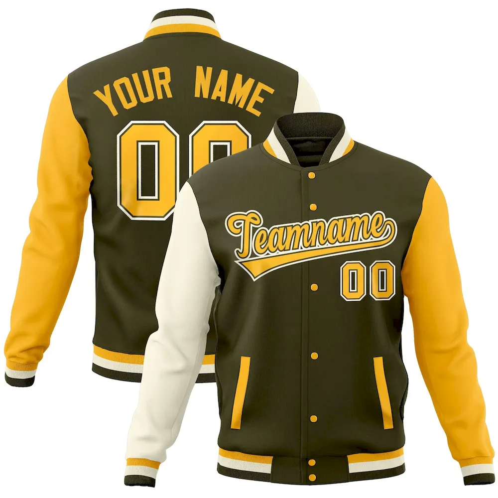 Custom Olive Gold-Cream Full-Snap Varsity Raglan Sleeves Letterman Baseball Jacket