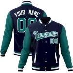 Custom Navy Aqua Full-Snap Varsity Raglan Sleeves Letterman Baseball Jacket
