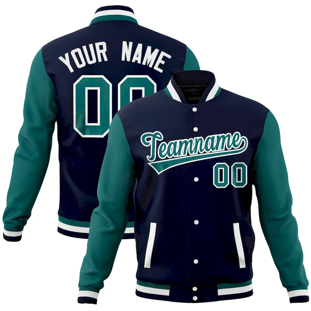 Custom Navy Aqua Full-Snap Varsity Raglan Sleeves Letterman Baseball Jacket
