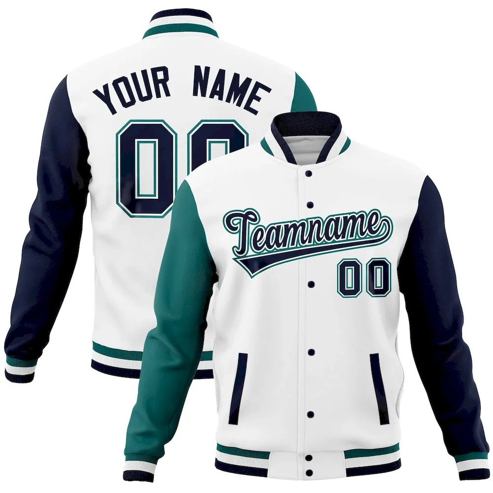 Custom White Navy-Aqua Full-Snap Varsity Raglan Sleeves Letterman Baseball Jacket