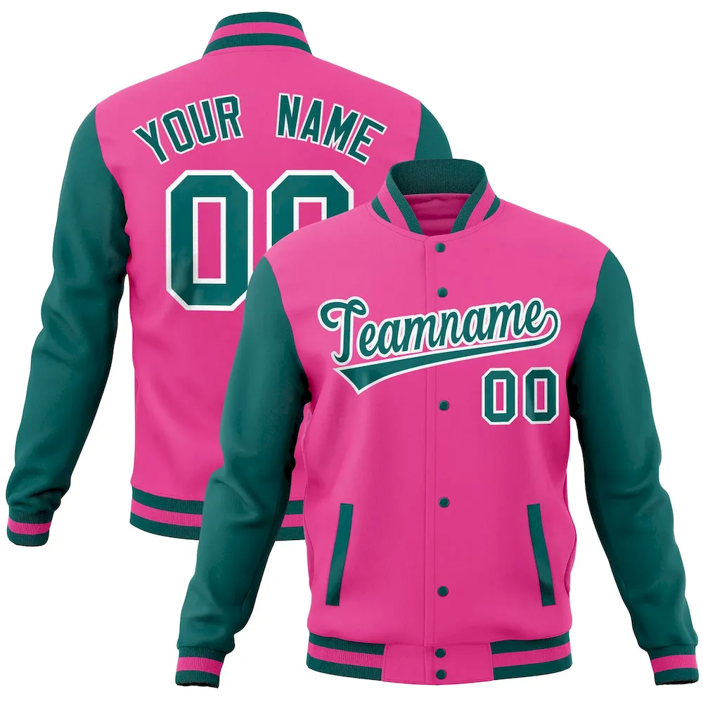 Custom Pink Aqua Full-Snap Varsity Raglan Sleeves Letterman Baseball Jacket