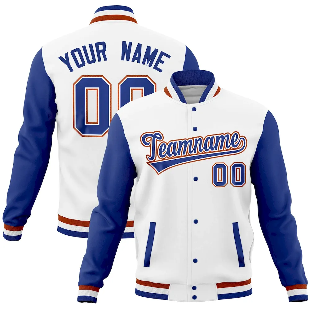 Custom White Royal Full-Snap Varsity Raglan Sleeves Letterman Baseball Jacket