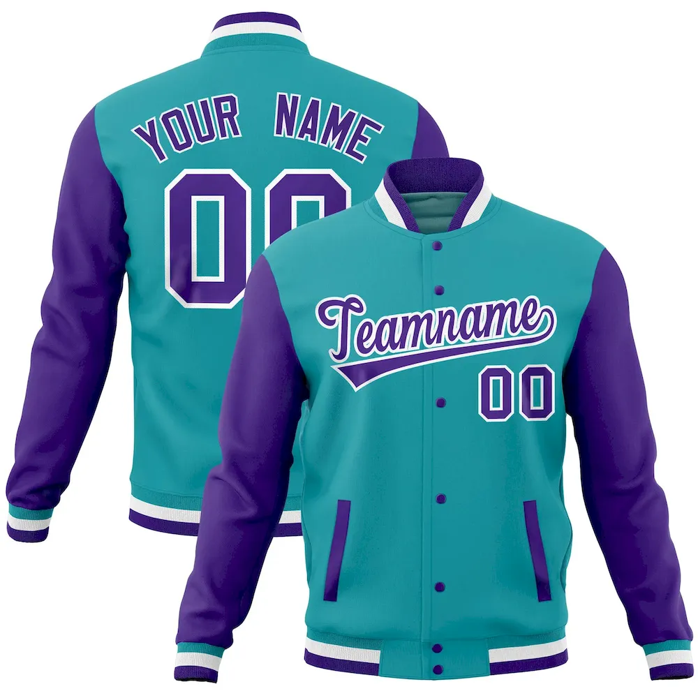 Custom Aqua Purple Full-Snap Varsity Raglan Sleeves Letterman Baseball Jacket