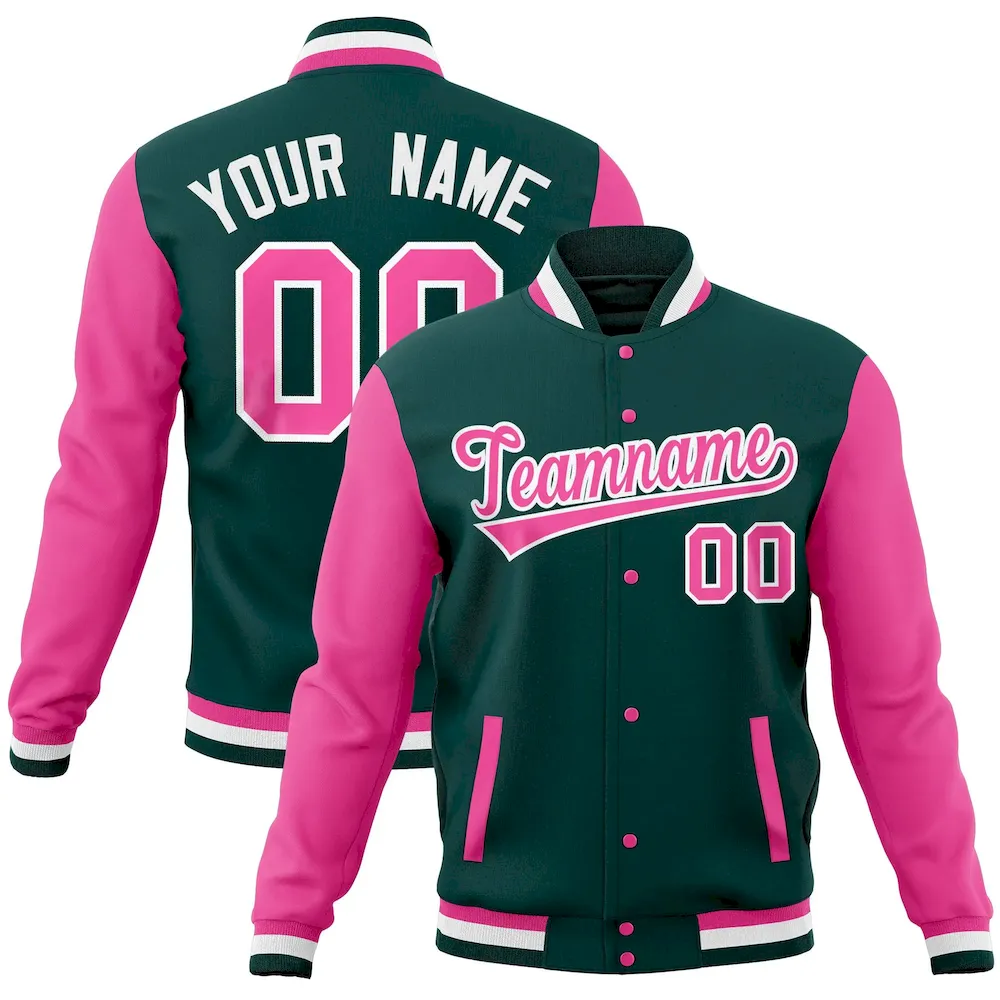 Custom Midnight Green Pink Full-Snap Varsity Raglan Sleeves Letterman Baseball Jacket