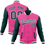 Custom Pink Midnight Green Full-Snap Varsity Raglan Sleeves Letterman Baseball Jacket