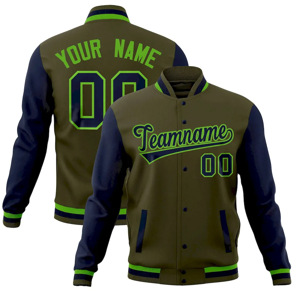 Custom Olive Navy Full-Snap Varsity Raglan Sleeves Letterman Baseball Jacket
