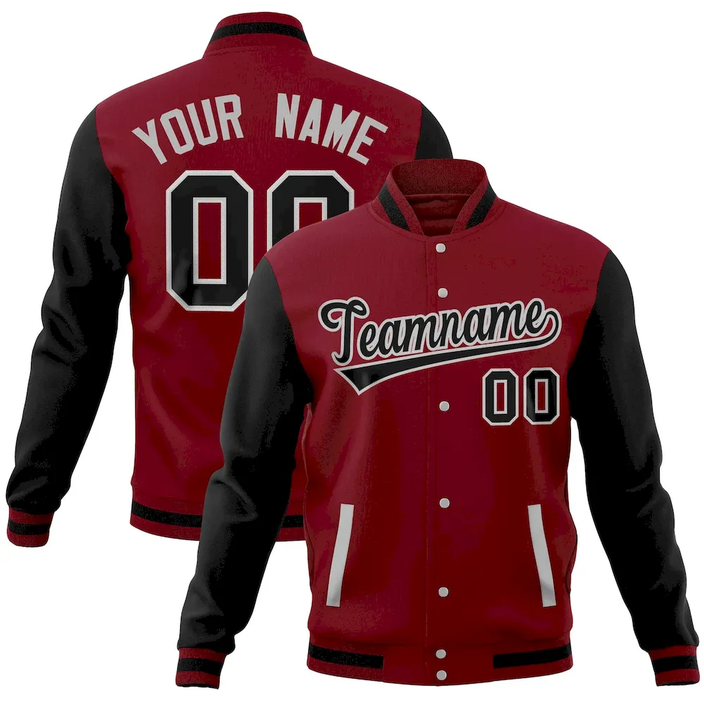 Custom Crimson Black Full-Snap Varsity Raglan Sleeves Letterman Baseball Jacket