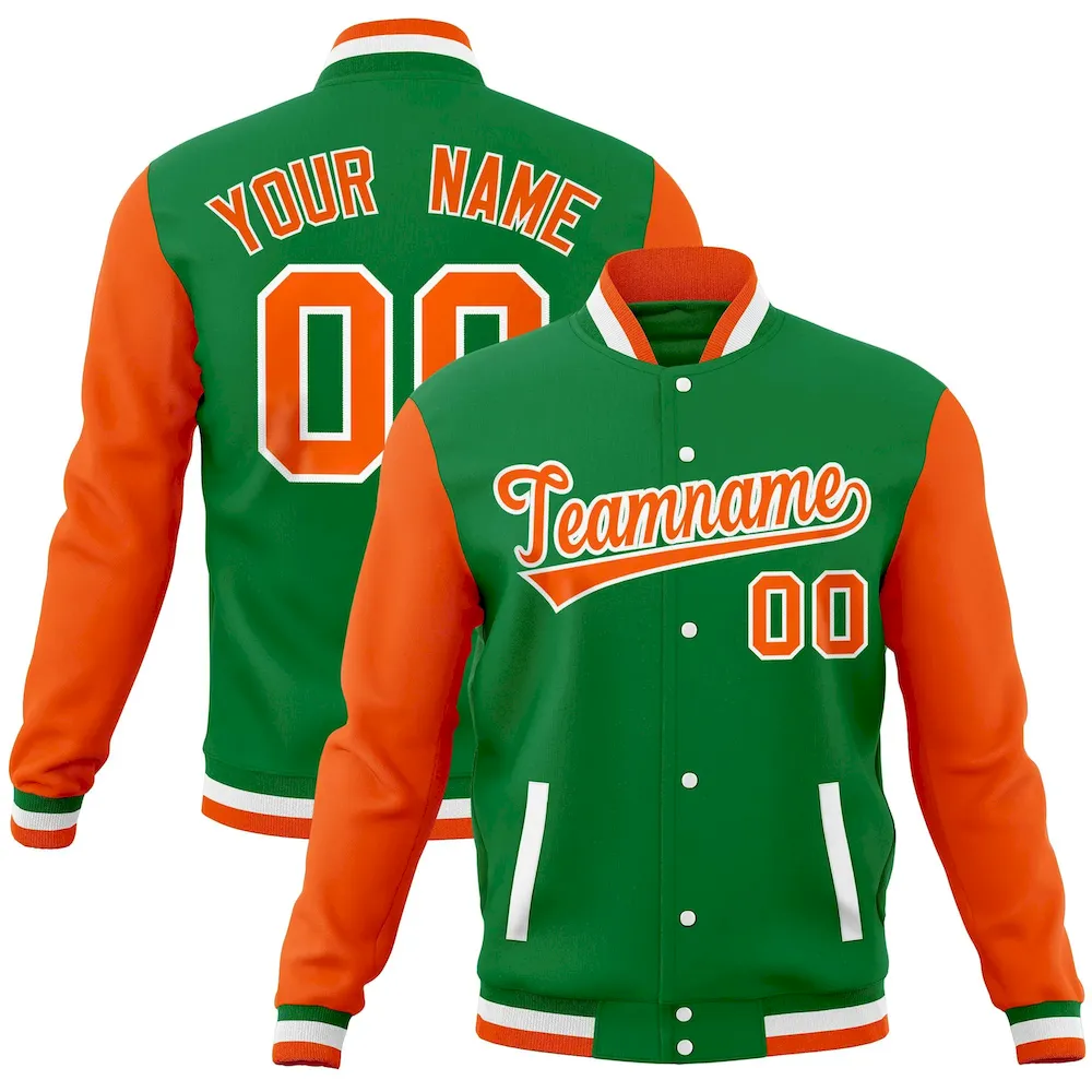 Custom Kelly Green Orange Full-Snap Varsity Raglan Sleeves Letterman Baseball Jacket
