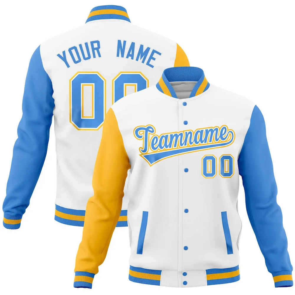 Custom White Powder Blue-Gold Full-Snap Varsity Raglan Sleeves Letterman Baseball Jacket