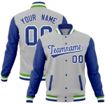 Custom Gray Royal Full-Snap Varsity Raglan Sleeves Letterman Baseball Jacket