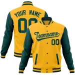 Custom Gold Midnight Green Full-Snap Varsity Raglan Sleeves Letterman Baseball Jacket