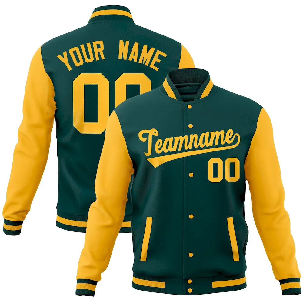 Custom Midnight Green Gold Full-Snap Varsity Raglan Sleeves Letterman Baseball Jacket