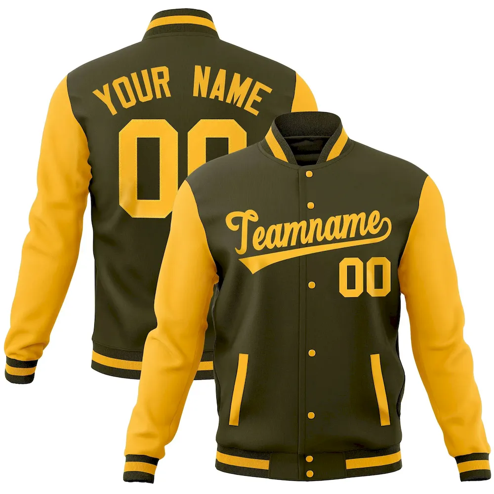 Custom Olive Gold Full-Snap Varsity Raglan Sleeves Letterman Baseball Jacket