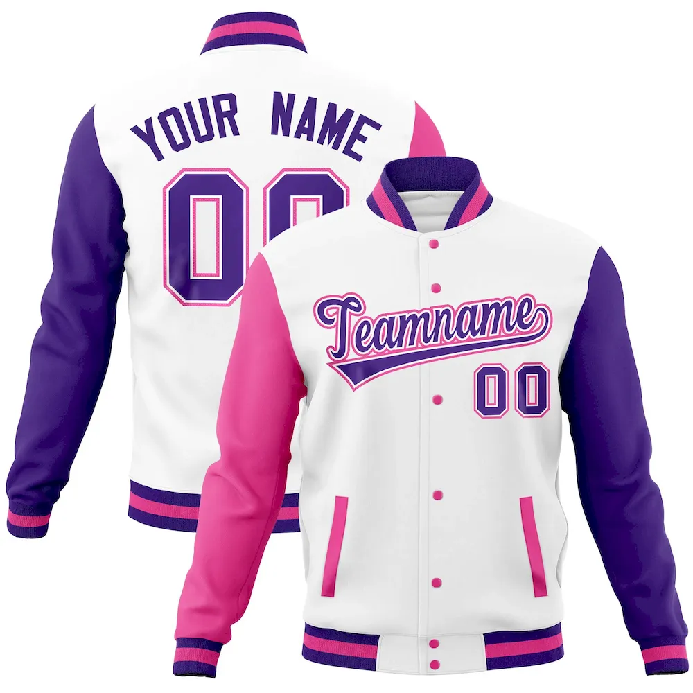 Custom Black Purple-Pink Full-Snap Varsity Raglan Sleeves Letterman Baseball Jacket