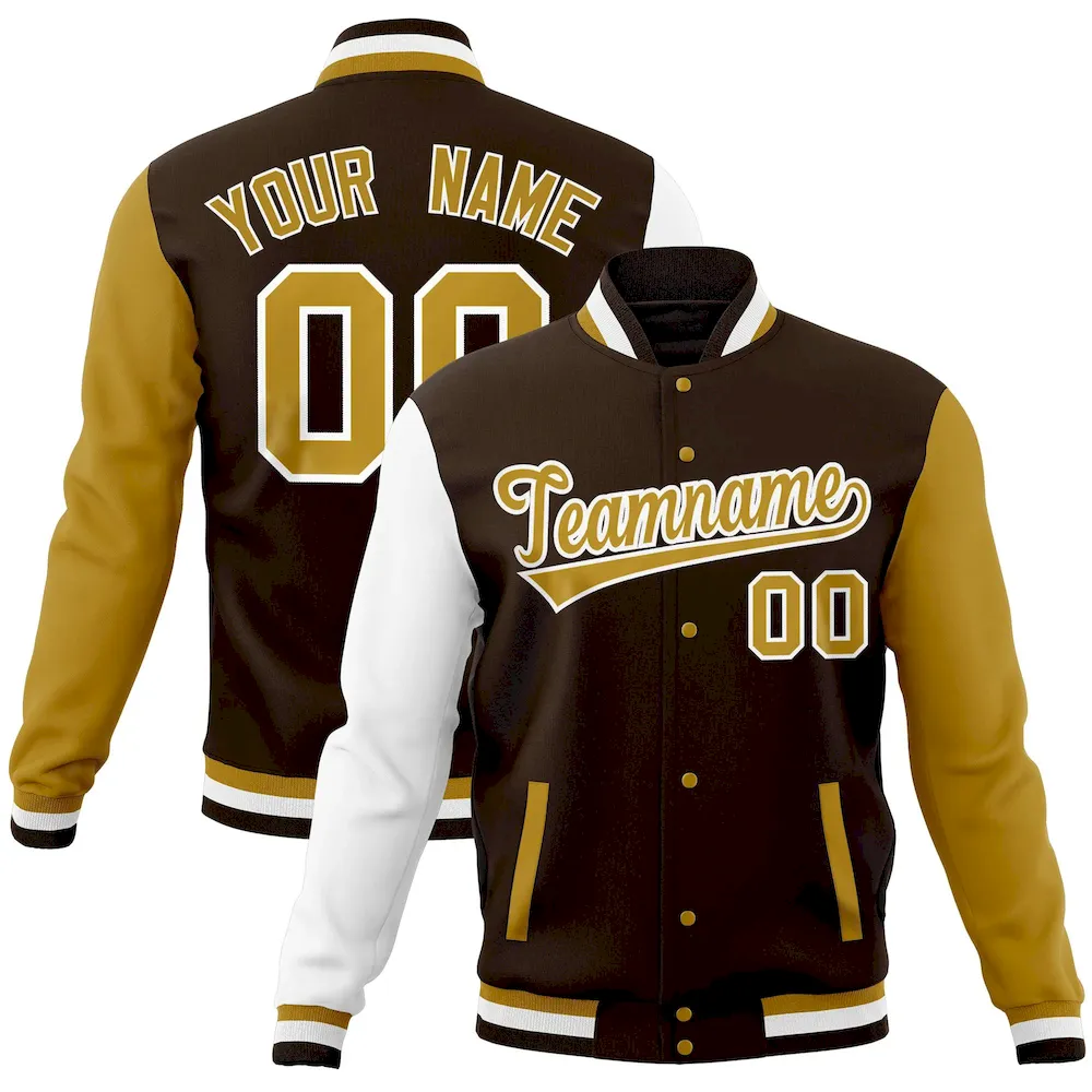 Custom Brown Old Gold-White Full-Snap Varsity Raglan Sleeves Letterman Baseball Jacket