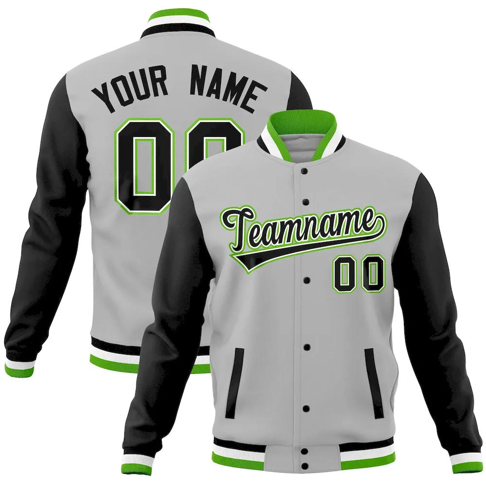 Custom Gray Black Full-Snap Varsity Raglan Sleeves Letterman Baseball Jacket