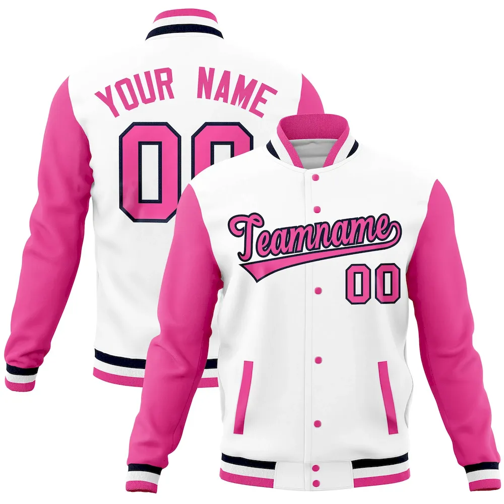 Custom White Pink Full-Snap Varsity Raglan Sleeves Letterman Baseball Jacket