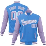 Custom Powder Blue Light Purple Full-Snap Varsity Raglan Sleeves Letterman Baseball Jacket