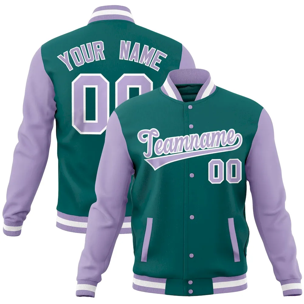 Custom Aqua Light Purple Full-Snap Varsity Raglan Sleeves Letterman Baseball Jacket