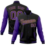 Custom Black Purple Full-Snap Varsity Raglan Sleeves Letterman Baseball Jacket