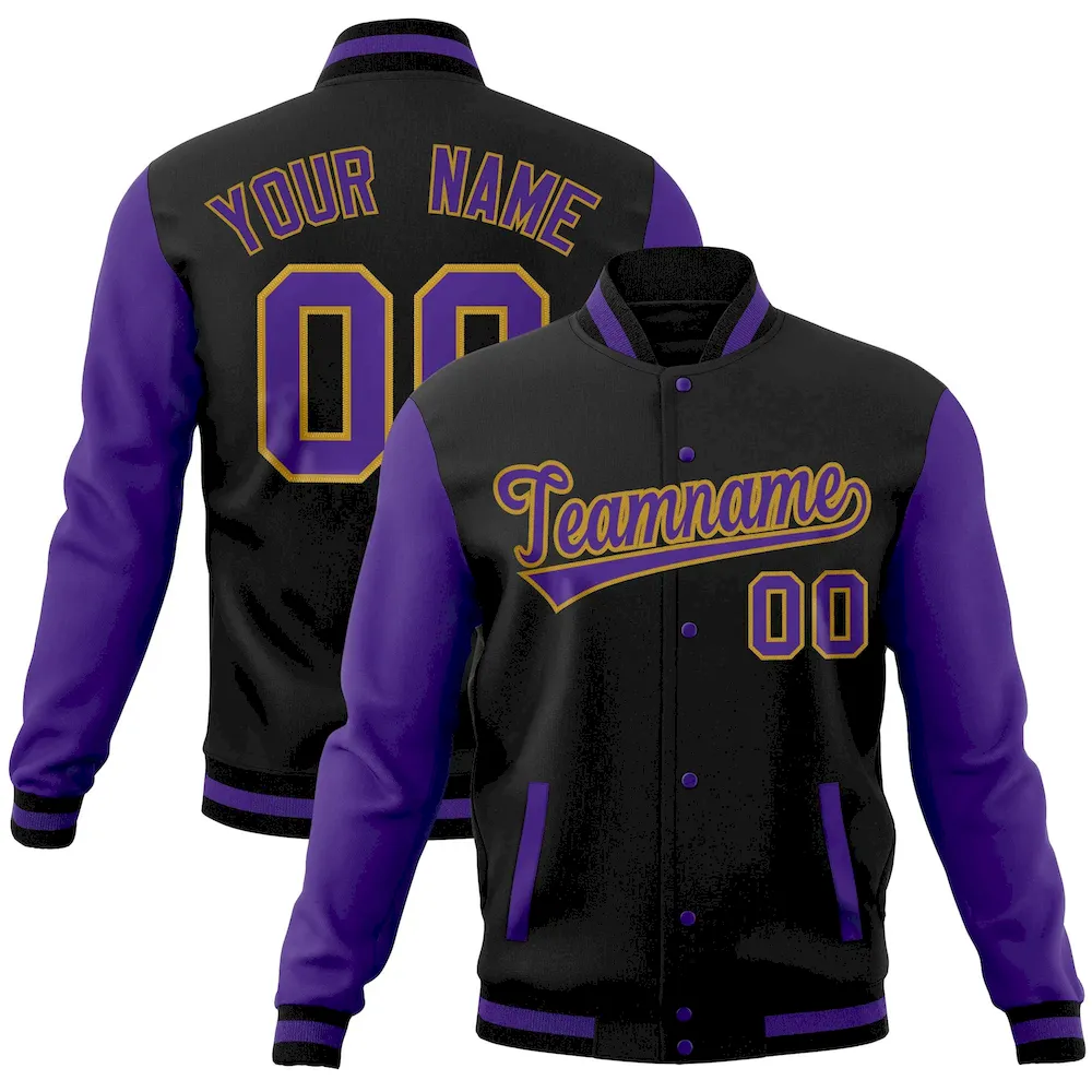 Custom Black Purple Full-Snap Varsity Raglan Sleeves Letterman Baseball Jacket