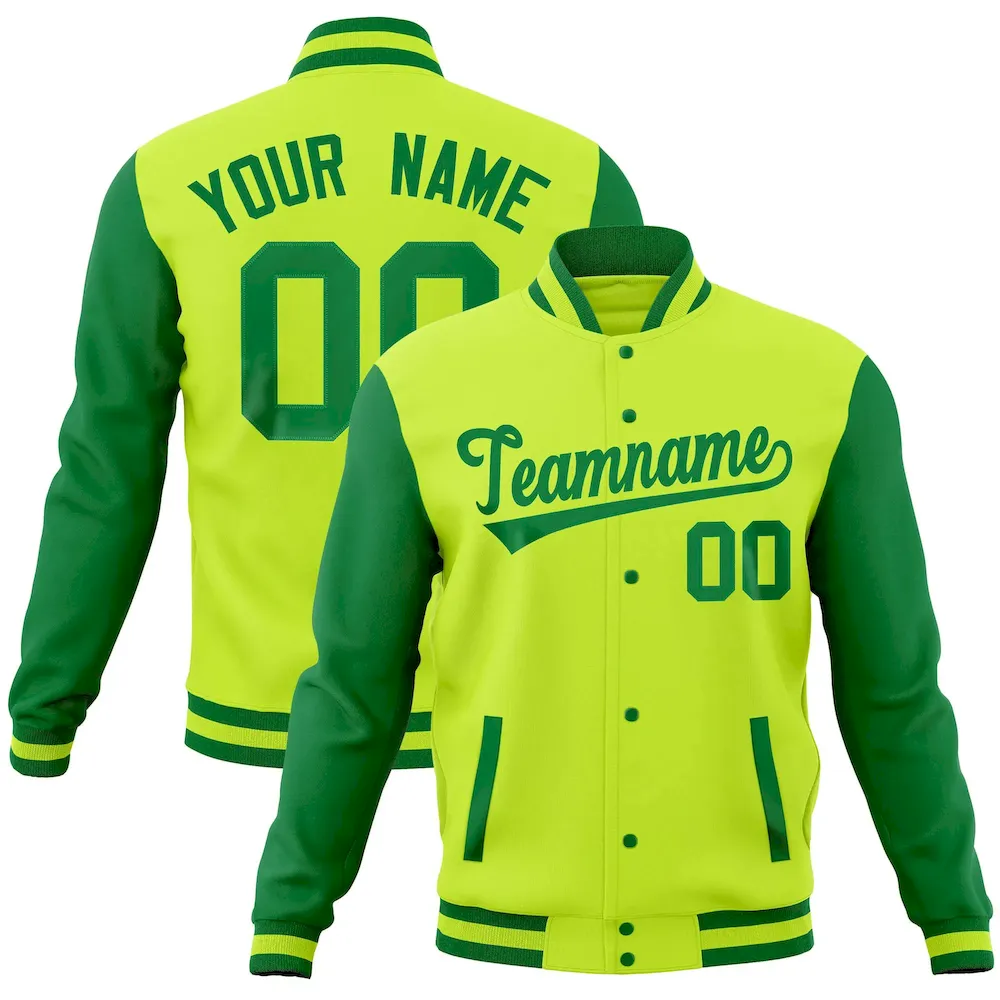 Custom Midnight Green Kelly Green Full-Snap Varsity Raglan Sleeves Letterman Baseball Jacket