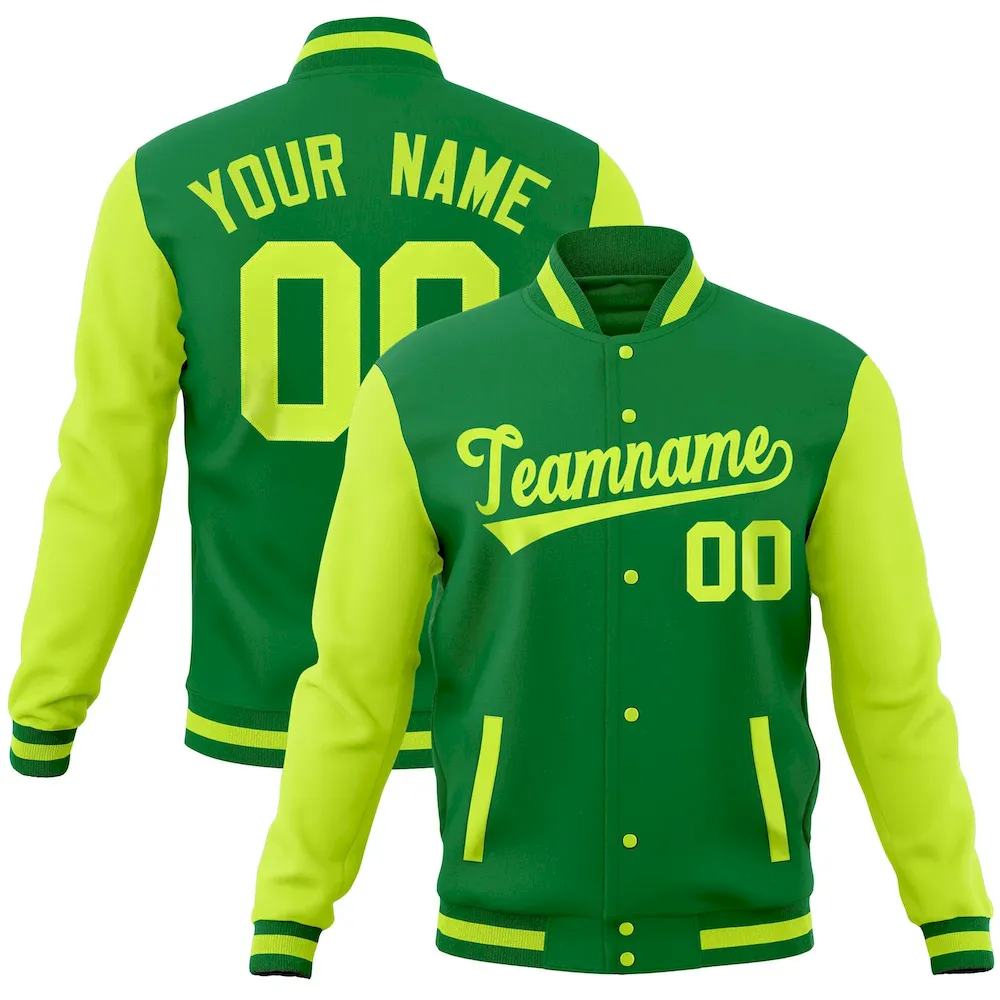 Custom Kelly Green Midnight Green Full-Snap Varsity Raglan Sleeves Letterman Baseball Jacket