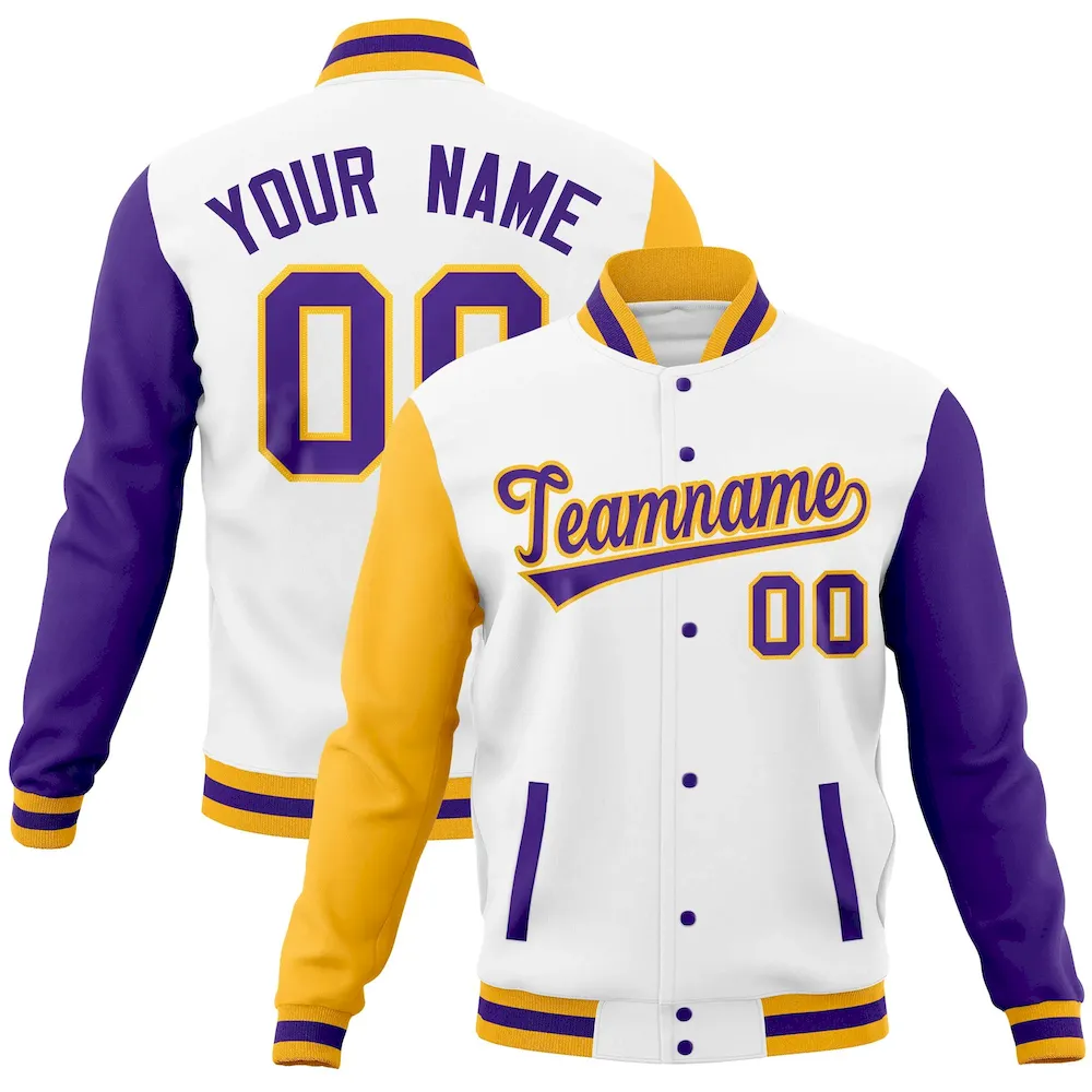 Custom White Purple-Gold Full-Snap Varsity Raglan Sleeves Letterman Baseball Jacket