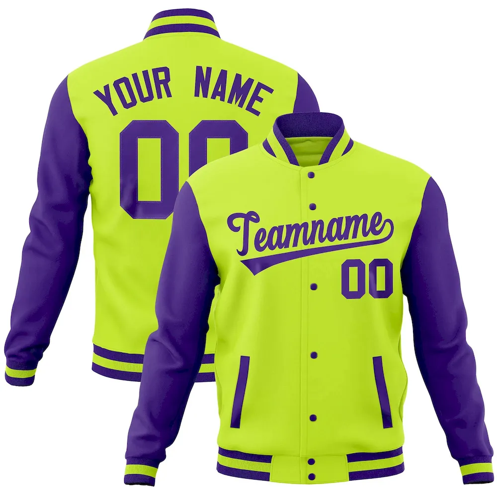 Custom Midnight Green Purple Full-Snap Varsity Raglan Sleeves Letterman Baseball Jacket