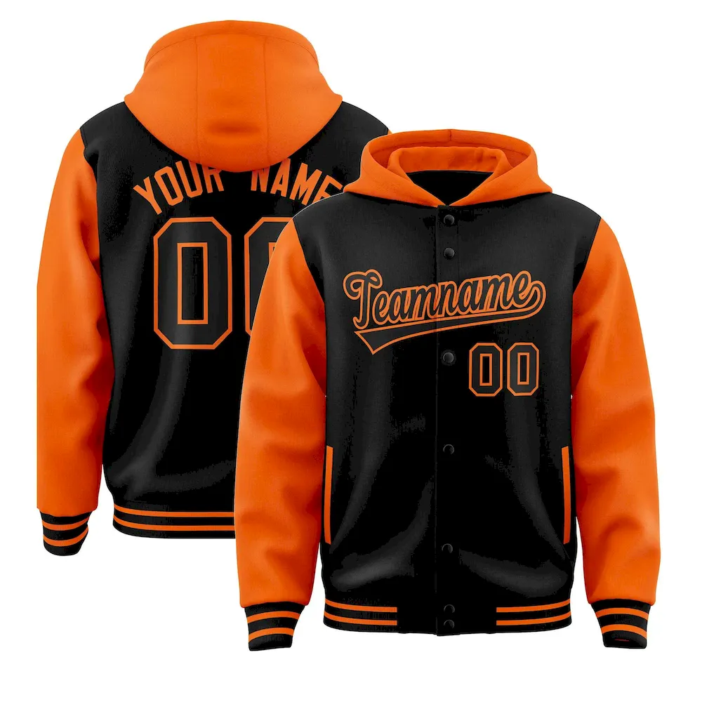 Custom Black Orange Raglan Sleeves Varsity Full-Snap Letterman Two Tone Jacket Hoodie