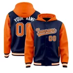 Custom Navy Orange Raglan Sleeves Varsity Full-Snap Letterman Two Tone Jacket Hoodie