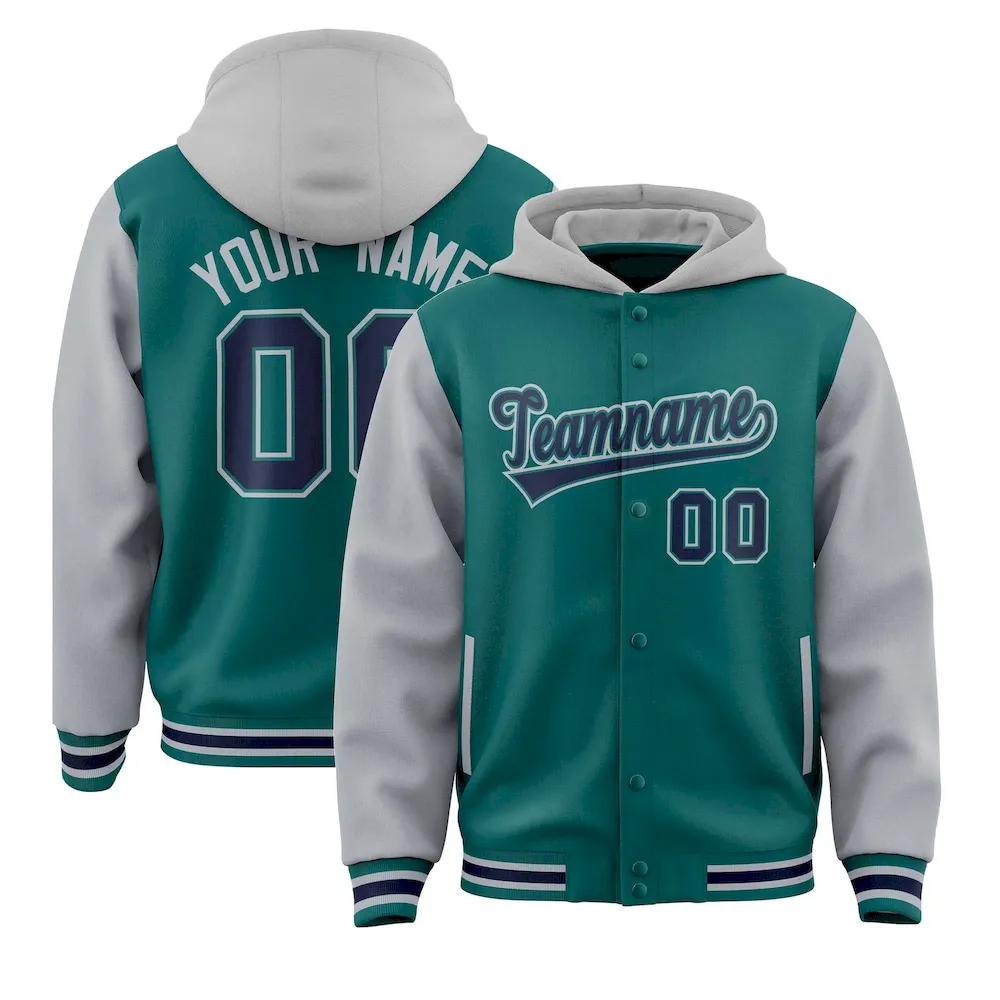Custom Aqua Gray Raglan Sleeves Varsity Full-Snap Letterman Two Tone Jacket Hoodie