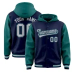 Custom Navy Aqua Raglan Sleeves Varsity Full-Snap Letterman Two Tone Jacket Hoodie