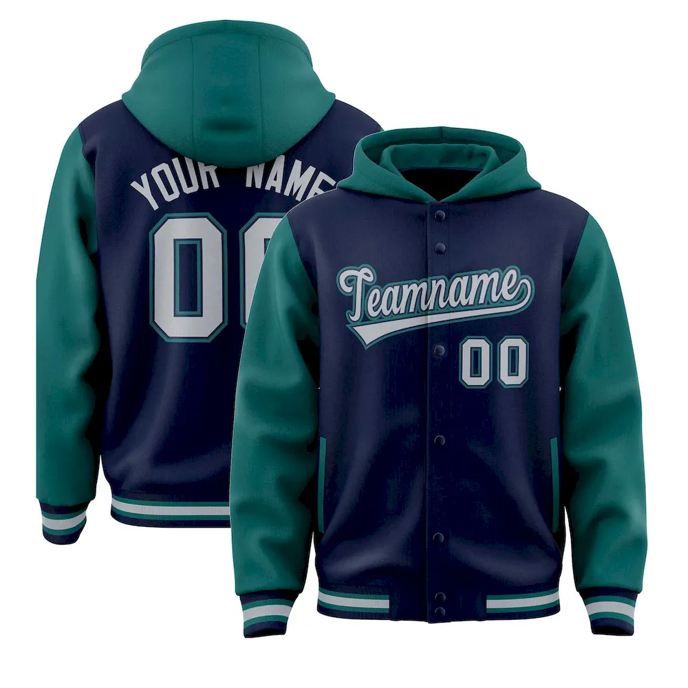 Custom Navy Aqua Raglan Sleeves Varsity Full-Snap Letterman Two Tone Jacket Hoodie