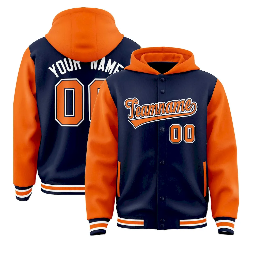 Custom Navy Orange Raglan Sleeves Varsity Full-Snap Letterman Two Tone Jacket Hoodie