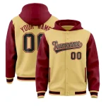 Custom Khaki Crimson Raglan Sleeves Varsity Full-Snap Letterman Two Tone Jacket Hoodie
