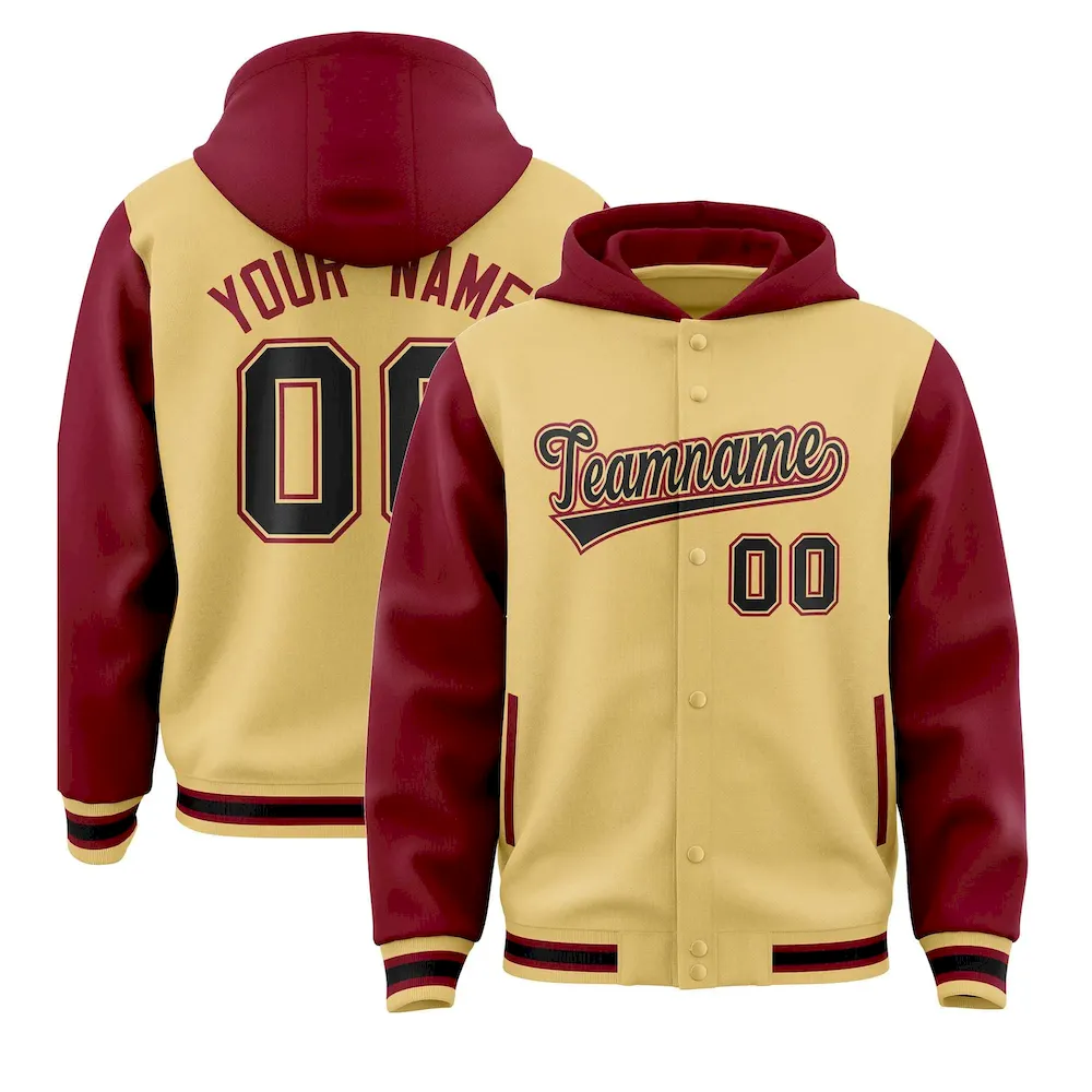 Custom Khaki Crimson Raglan Sleeves Varsity Full-Snap Letterman Two Tone Jacket Hoodie