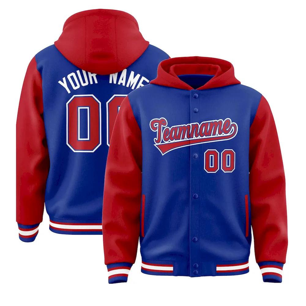 Custom Royal Red Raglan Sleeves Varsity Full-Snap Letterman Two Tone Jacket Hoodie