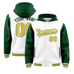 Custom White Green Raglan Sleeves Varsity Full-Snap Letterman Two Tone Jacket Hoodie