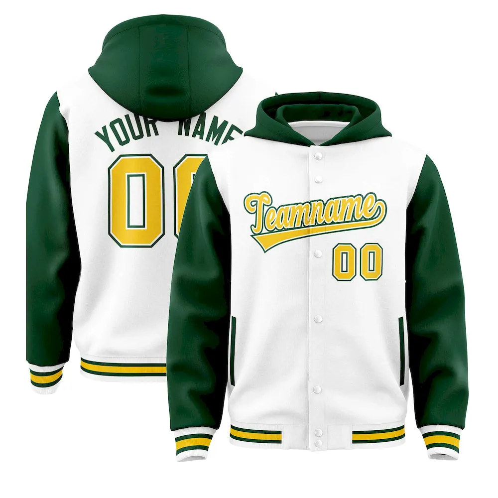 Custom White Green Raglan Sleeves Varsity Full-Snap Letterman Two Tone Jacket Hoodie